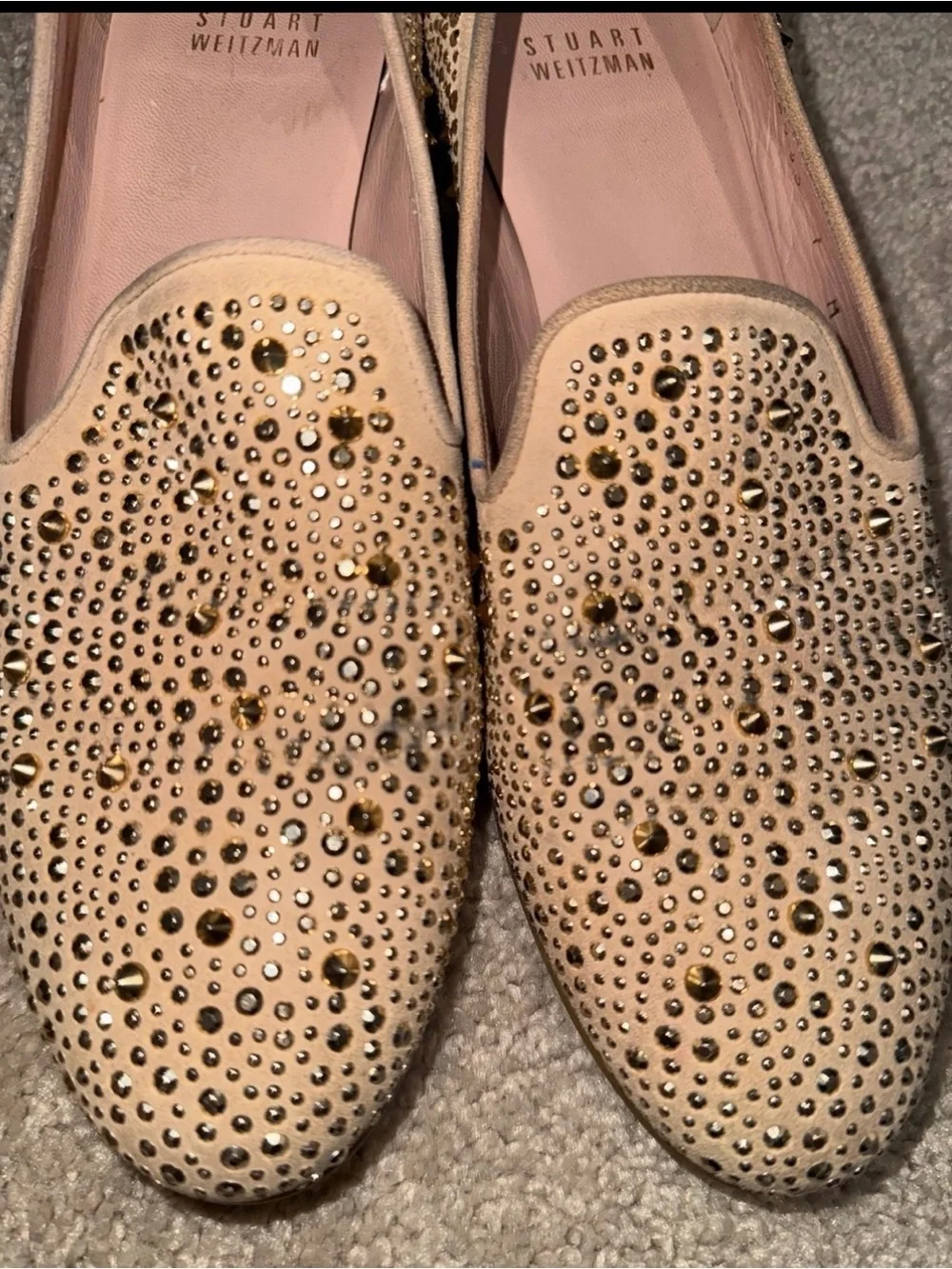 Stuart Weitzman Beige Suede Studded Slip-On Loafer Flats Women’s US 7 M